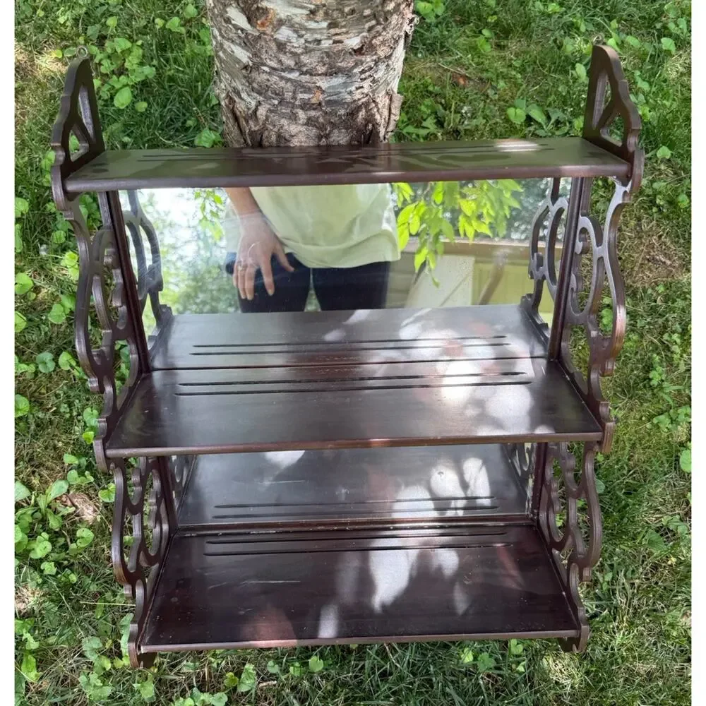 VTG Butler Mahogany Wooden Mirrored Back Wall Shelf 3 Tier Curio Display 22”